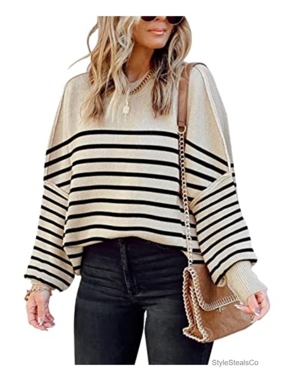 Batwing Sleeve Side Slit Loose Knit Pullover Sweater Crewneck Oversized